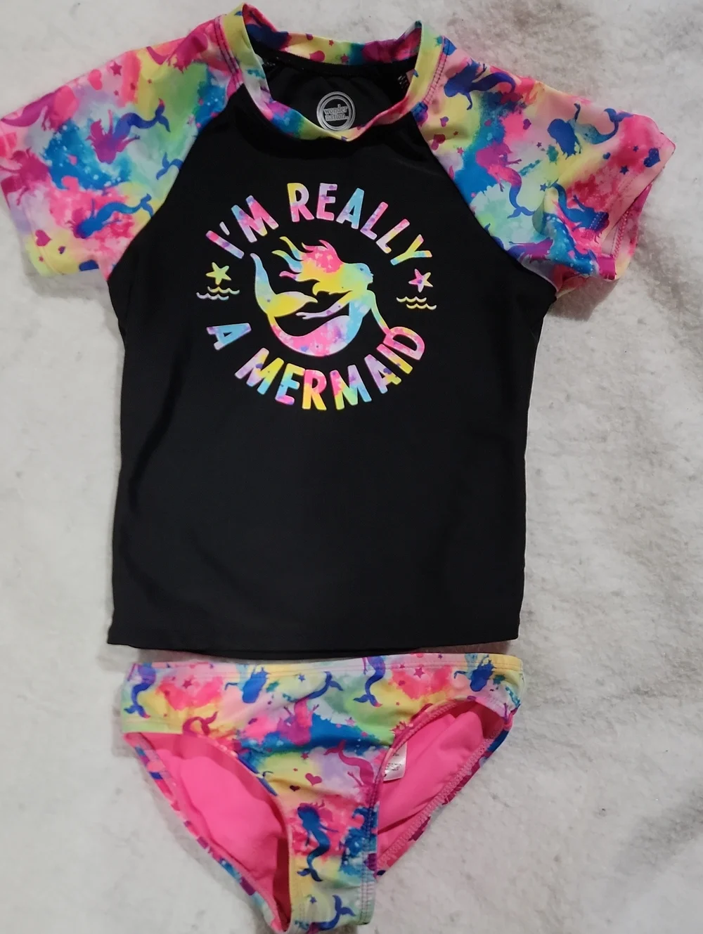 wonder nation Black Rash Guard Swim Set with Rainbow Tie-Dye & Mermaid Graphic